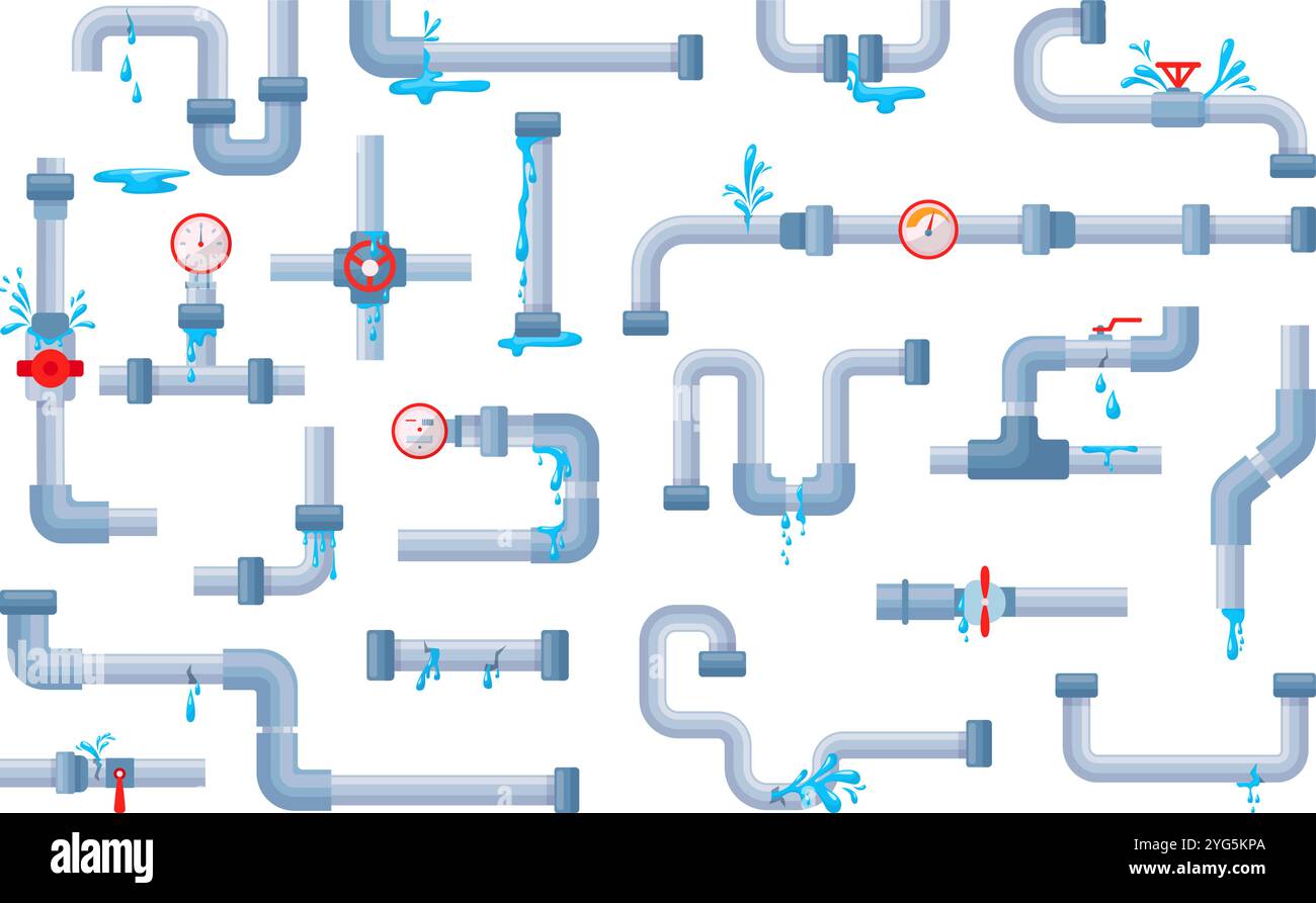 Tuyaux isolés qui fuient. Tuyau cassé, système de tube d'eau en plastique métallique avec des gouttes d'écoulement et des flaques d'eau. Rupture et problèmes de tuyauterie, ensemble vectoriel néotérique Illustration de Vecteur