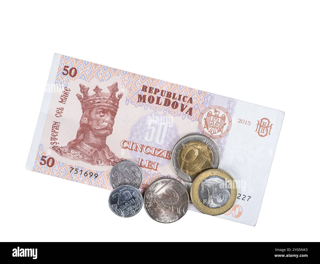 Quelques billets et pièces de monnaie de Moldavie sur un fond transparent Banque D'Images