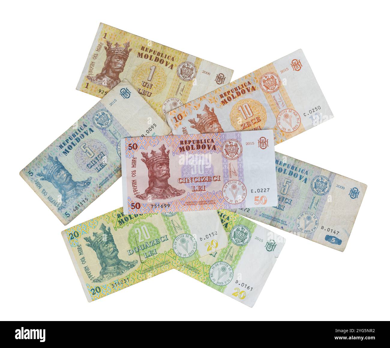 Quelques billets de banque de Moldavie sur un fond transparent Banque D'Images