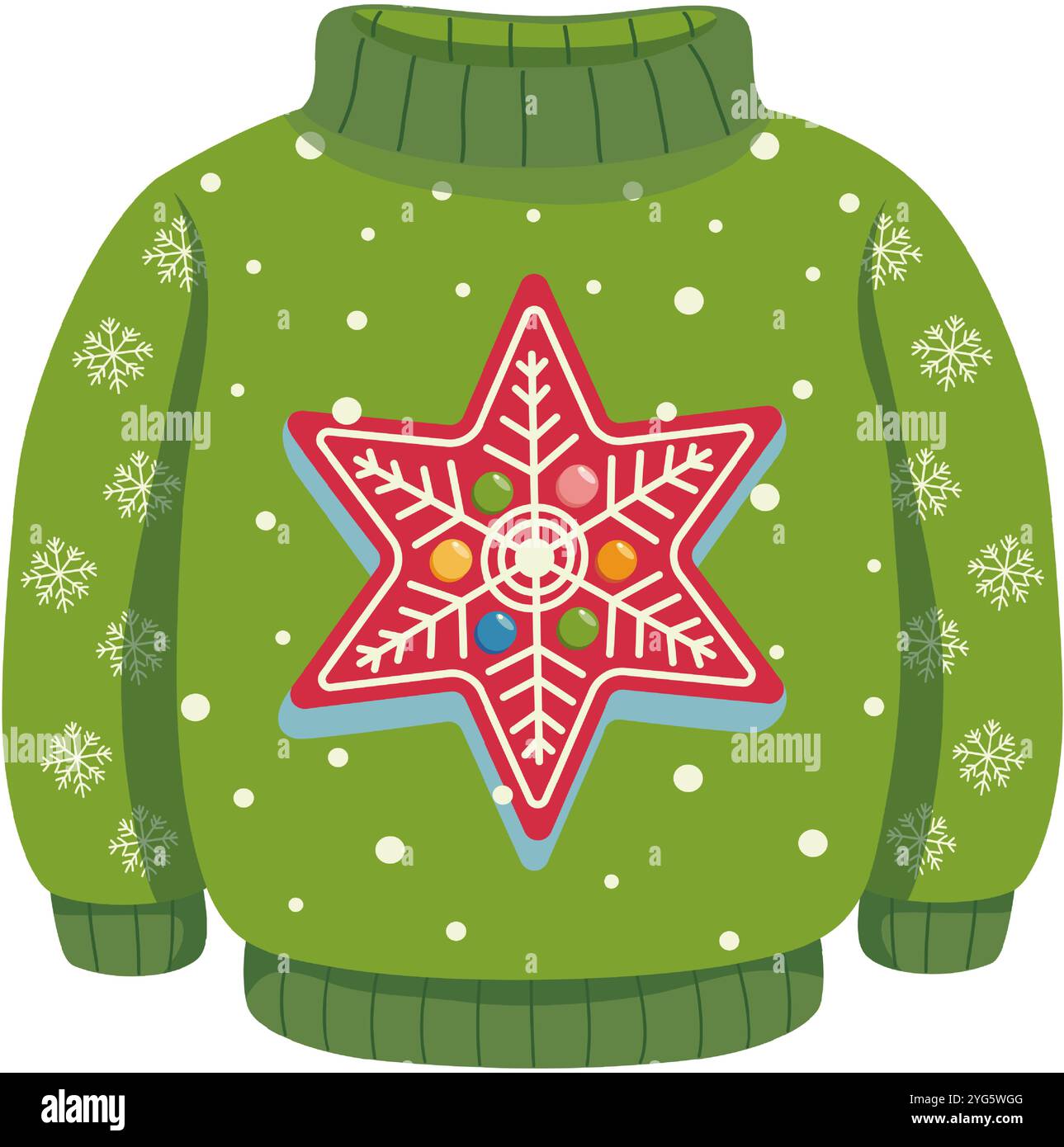 Pull de Noël vert laid avec motif étoile rouge et flocon de neige. Pull d'hiver de vacances de dessin animé avec motif tricoté. Vêtements d'hiver pour le nouvel an et Illustration de Vecteur