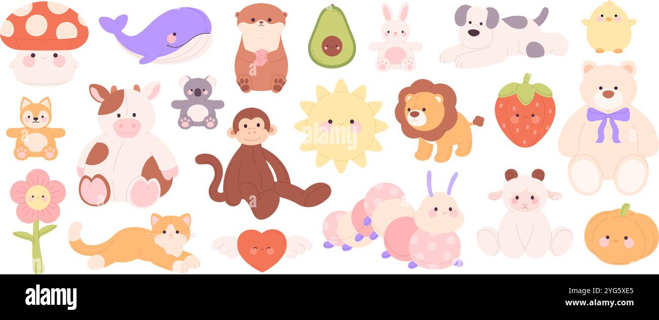 Peluches en peluche. Animaux textiles, tissu avocat citrouille coeur champignon fleur ensoleillée. Ours drôle singe vache koala baleine, clipart vectoriel racé Illustration de Vecteur