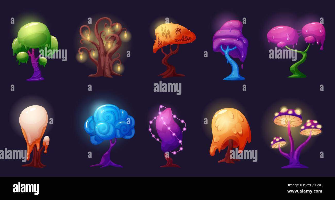 Arbre fantastique magique. Arbre fantastique, plantes venimeuses de la planète extraterrestre. Nature de conte de fées de slime, avec des éléments de lumières brillantes, ensemble vectoriel de nos jours Illustration de Vecteur