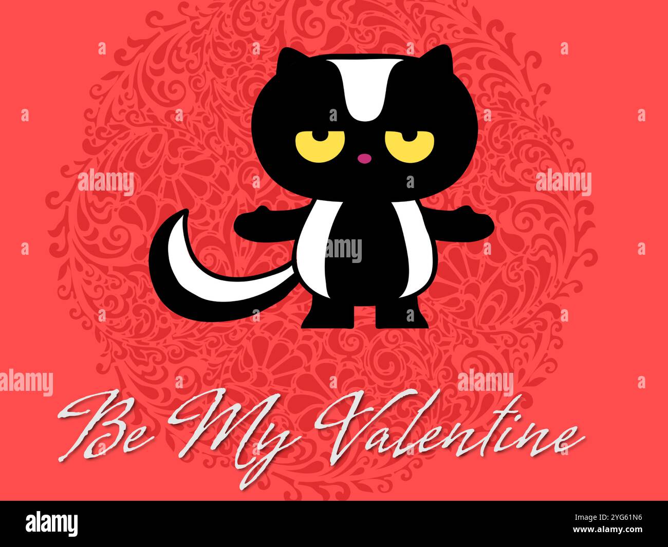 Chat de dessin animé avec une queue rayée noire et blanche et un visage noir. Le chat est debout sur un fond rouge avec les mots « Be My Valentine » écrits bel Illustration de Vecteur