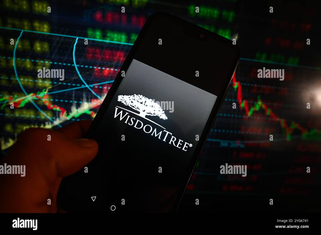 Pologne. 06 novembre 2024. Dans cette illustration photo, un logo WisdomTree est affiché sur un smartphone avec des pourcentages boursiers en arrière-plan. (Photo de Omar marques/SOPA images/SIPA USA) *** strictement à des fins éditoriales *** crédit : SIPA USA/Alamy Live News Banque D'Images