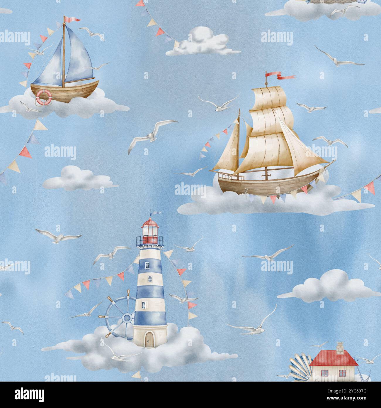 Motif avec phare, voilier, guirlandes et nuages sur fond aquarelle. Toile de fond de bébé sans couture avec balise et yacht dans des couleurs pastel pour le papier peint de pépinière et la conception textile enfantine. Banque D'Images