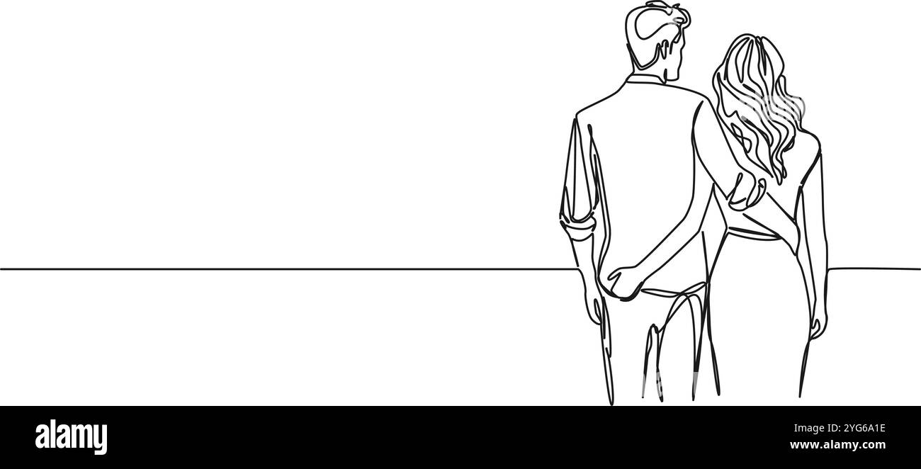 dessin en ligne simple continu de jeune homme et femme avec les bras l'un autour de l'autre, vue arrière, illustration vectorielle d'art au trait Illustration de Vecteur