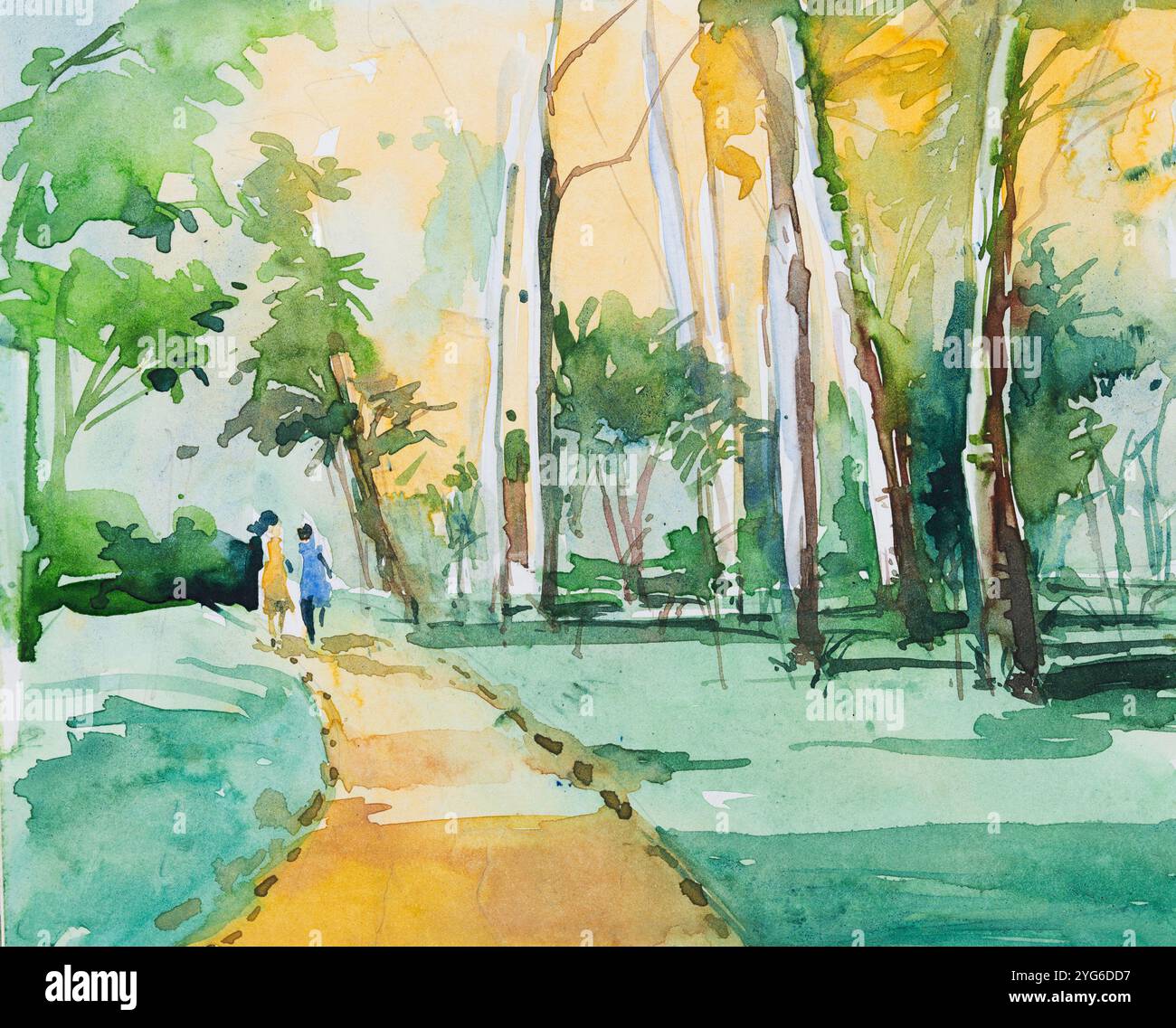 Beau paysage d'un parc. Peinture à l'aquarelle lumineuse de jour du chemin et des arbres, deux filles marchant. Art aquarelle peint à la main créé. Banque D'Images