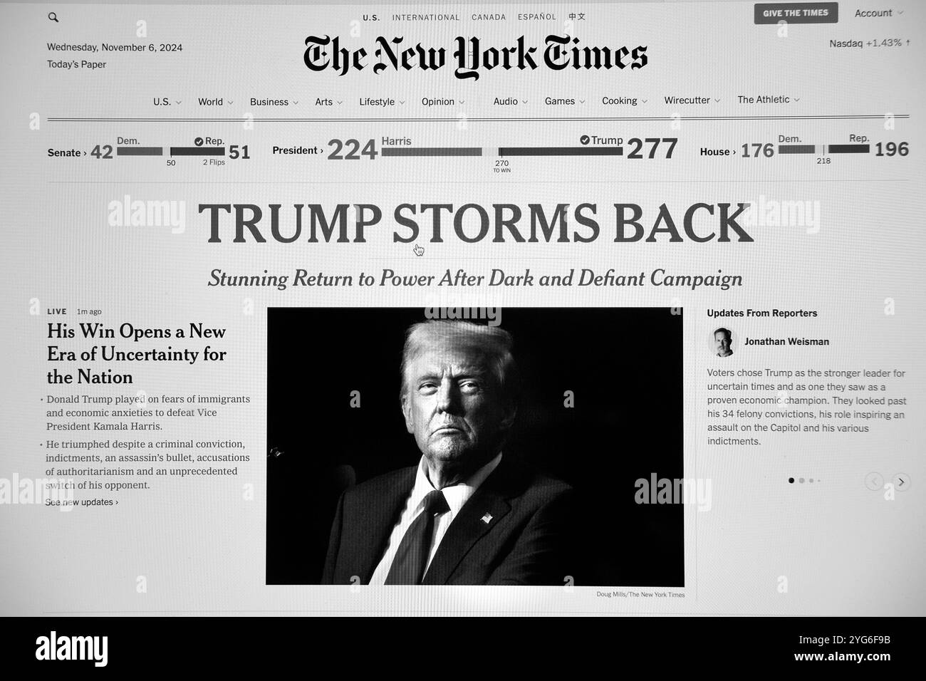 Capture d'écran de la page d'accueil en ligne du New York Times du 6 novembre 2024 faisant état de l'élection de Donald Trump à la présidence des États-Unis Banque D'Images