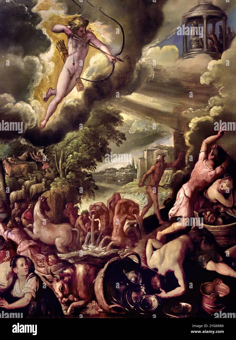 Apollon et Poséidon punissant Troie, 1590 de Paolo Fiammingo - Pauwels Franck, Anvers,1540, belge, belge, flamand,Venise, 1596, italien, Italie, ( Musée des Beaux-arts Budapest ) la guerre de Troie était un conflit légendaire dans la mythologie grecque qui a eu lieu autour du 12ème ou 13ème siècle av. J.-C.. La guerre a été menée par le Achéens (Grecs) contre la ville de Troie après que Paris de Troie ait pris Hélène de son mari Menelaus, roi de Sparte. Banque D'Images