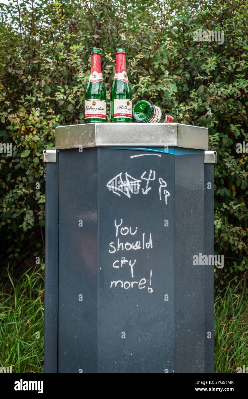 Videz les bouteilles de Prosecco sur une poubelle publique grise (poubelle) avec une déclaration "vous devriez pleurer plus" dessus - concept d'alcoolisme Banque D'Images