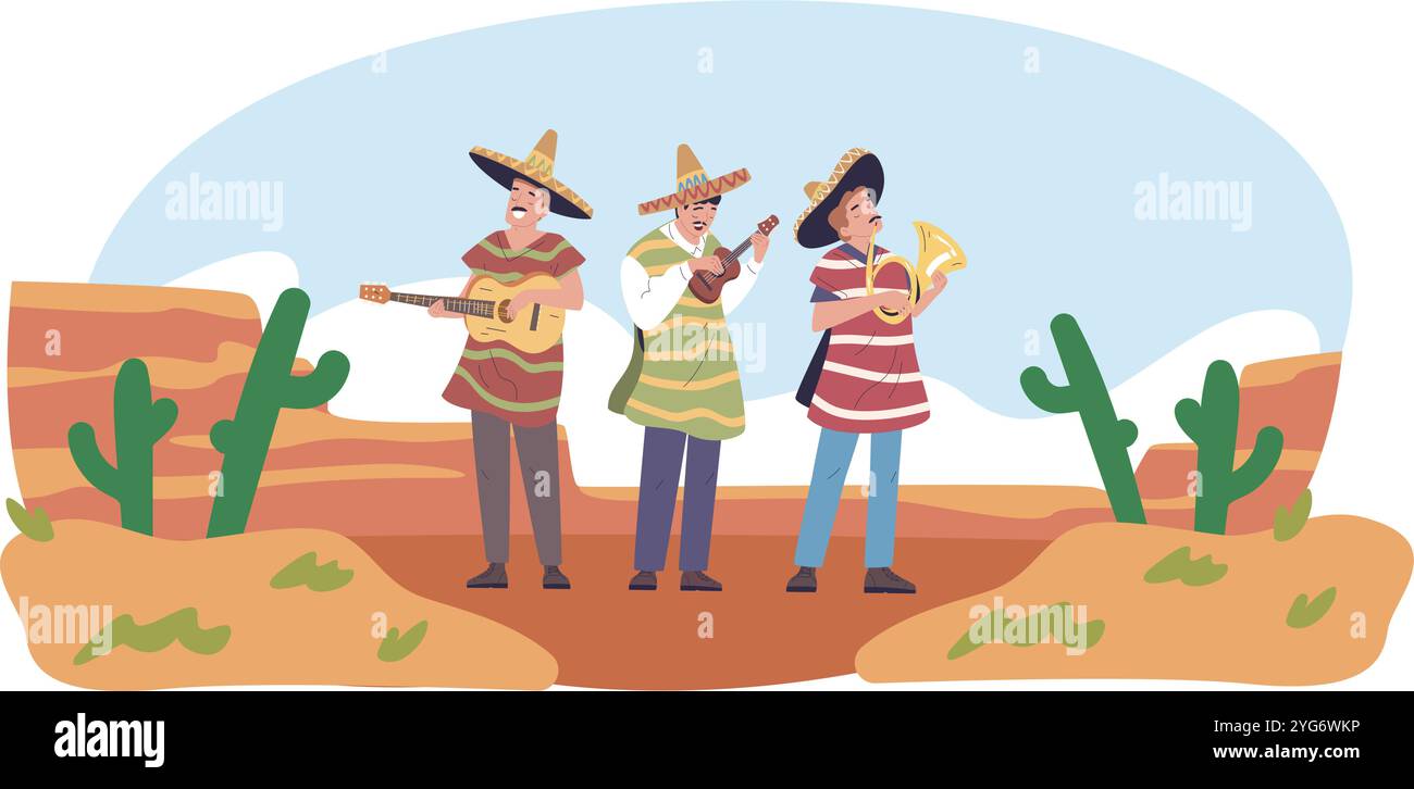 Musiciens hispaniques. Musicien mexicain en chapeau sombrero mariachi, groupe de musique latine jouant à la guitare et à la trompette artiste performance dans le désert mexicain illustration vectorielle illustration originale Illustration de Vecteur