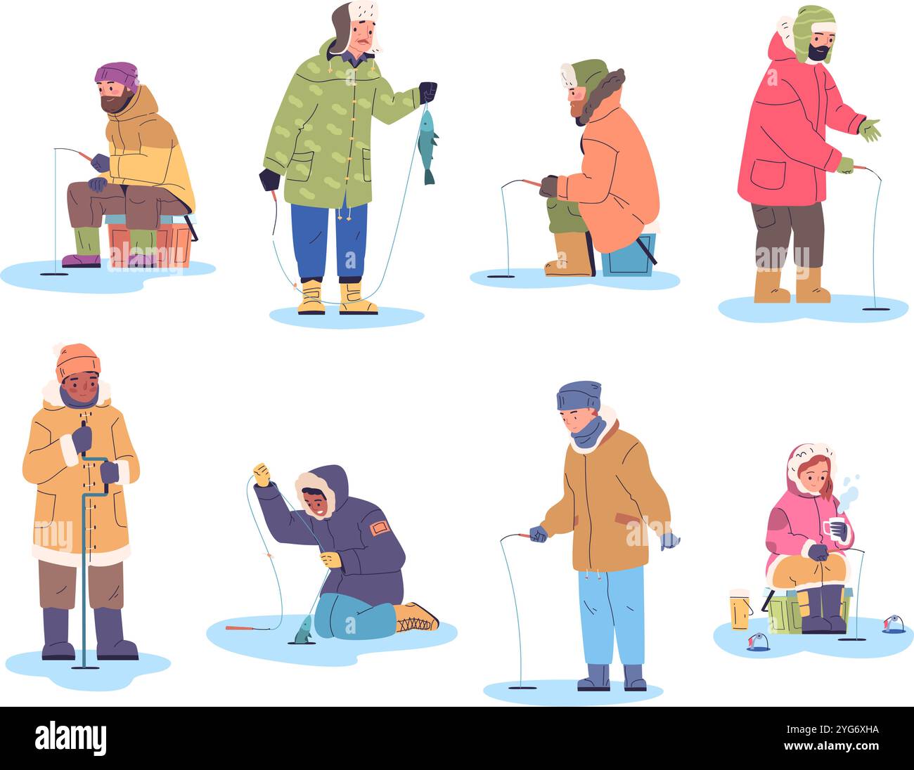 Pêcheurs d'hiver. Pêche de pêcheur de bande dessinée au lac de forêt de rivière gelée de trou de glace, pêcheur dans des bottes avec la barbe filant la neige temps de la saison froide nature, illustration vectorielle classe illustration originale Illustration de Vecteur