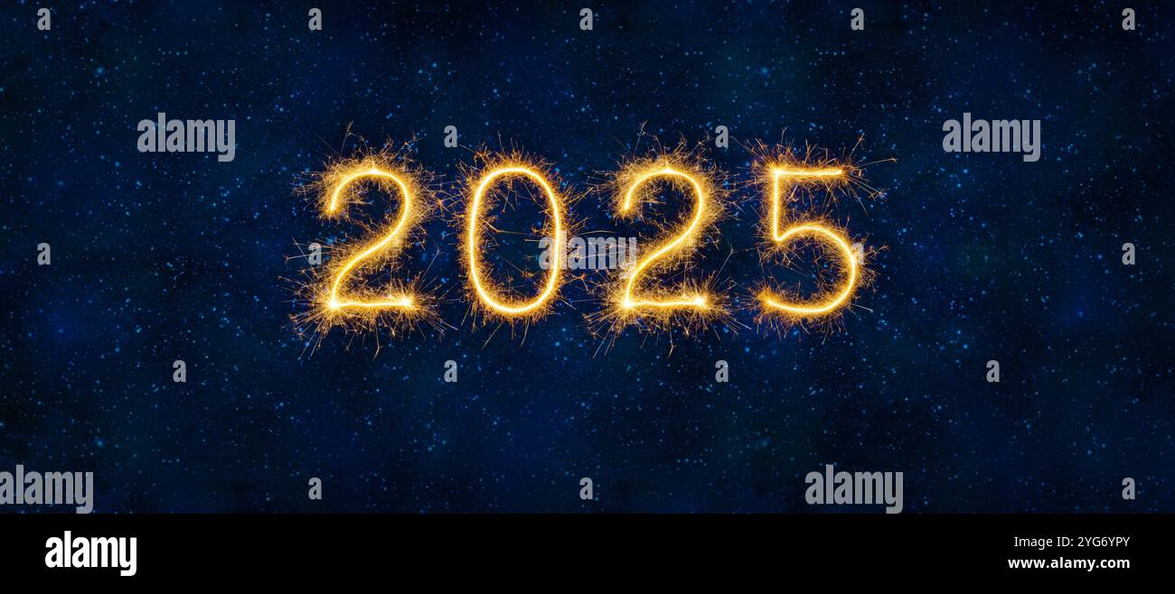 Bonne année 2025 feux d'artifice sur Night Sky Universe dans Blue Banner Banque D'Images