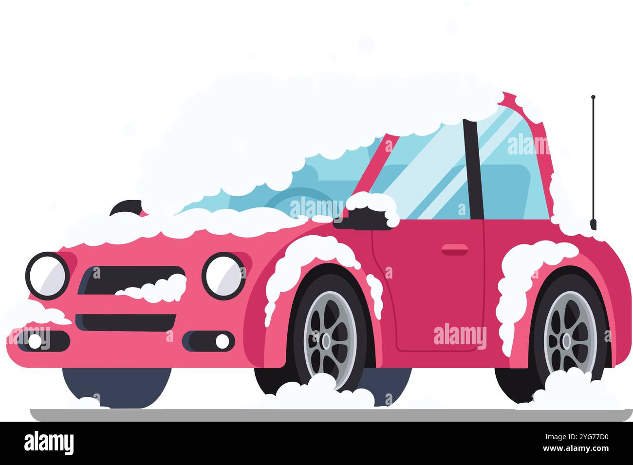 Voiture rose recouverte de neige sur une route d'hiver, illustrant les défis du transport et les conditions météorologiques extrêmes Illustration de Vecteur