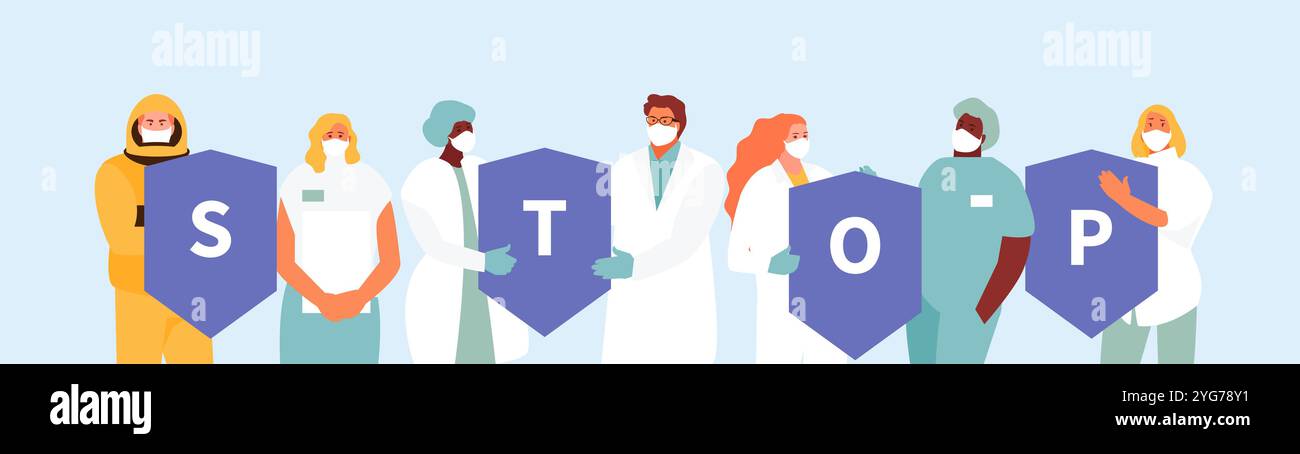 Groupe d'équipe de scientifiques, de médecins et de virologues du panneau stop. Arrêtez la pandémie de coronavirus. Illustration vectorielle Illustration de Vecteur