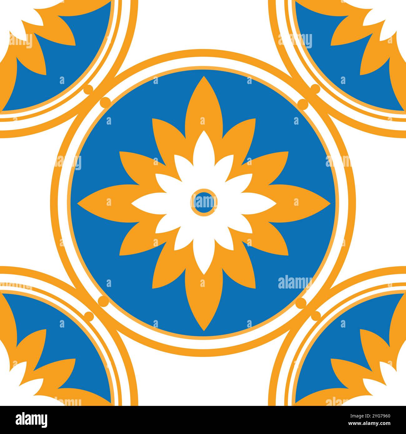 Motif sans couture vibrant et décoratif avec des fleurs orange et bleues stylisées dans des cercles, parfait pour des applications polyvalentes Illustration de Vecteur