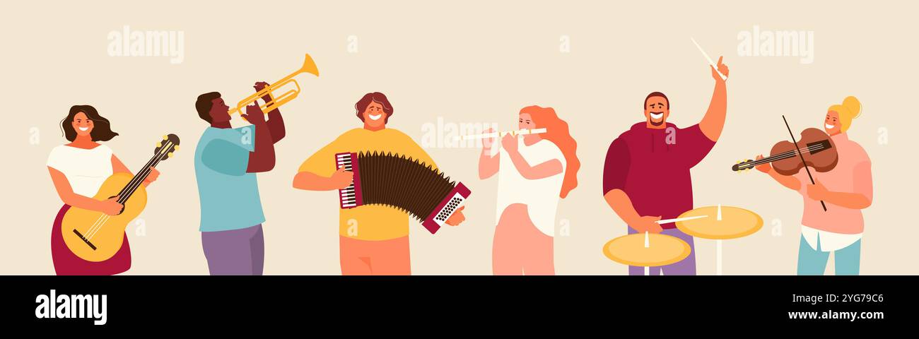 Les gens se regroupent en jouant de divers instruments de musique. Illustration vectorielle de concert et de festival Illustration de Vecteur