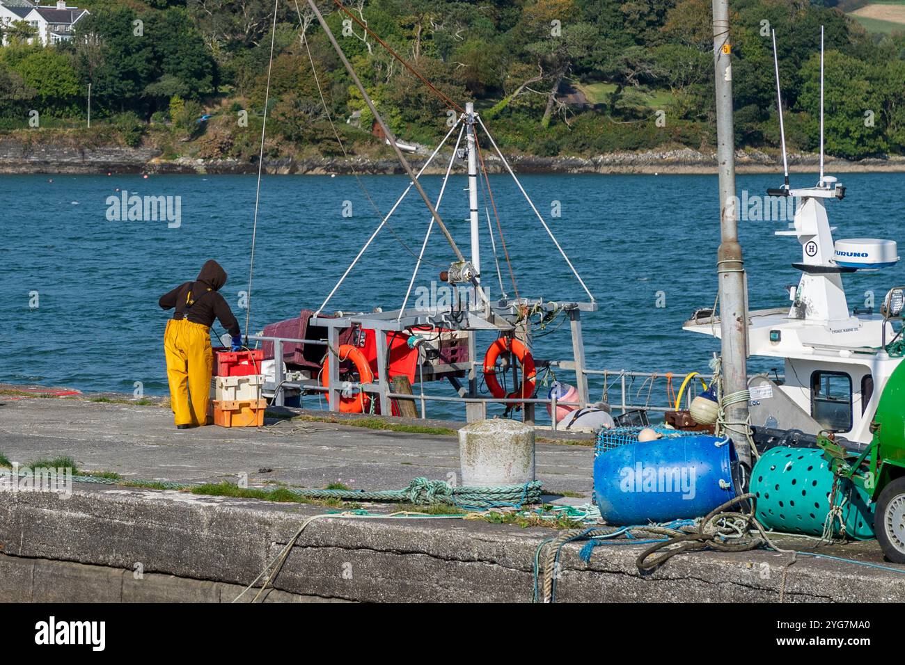 Les pêcheurs déchargent leurs prises de crabe sur la vieille jetée de Keelbeg, Union Hall, West Cork, Irlande. Banque D'Images