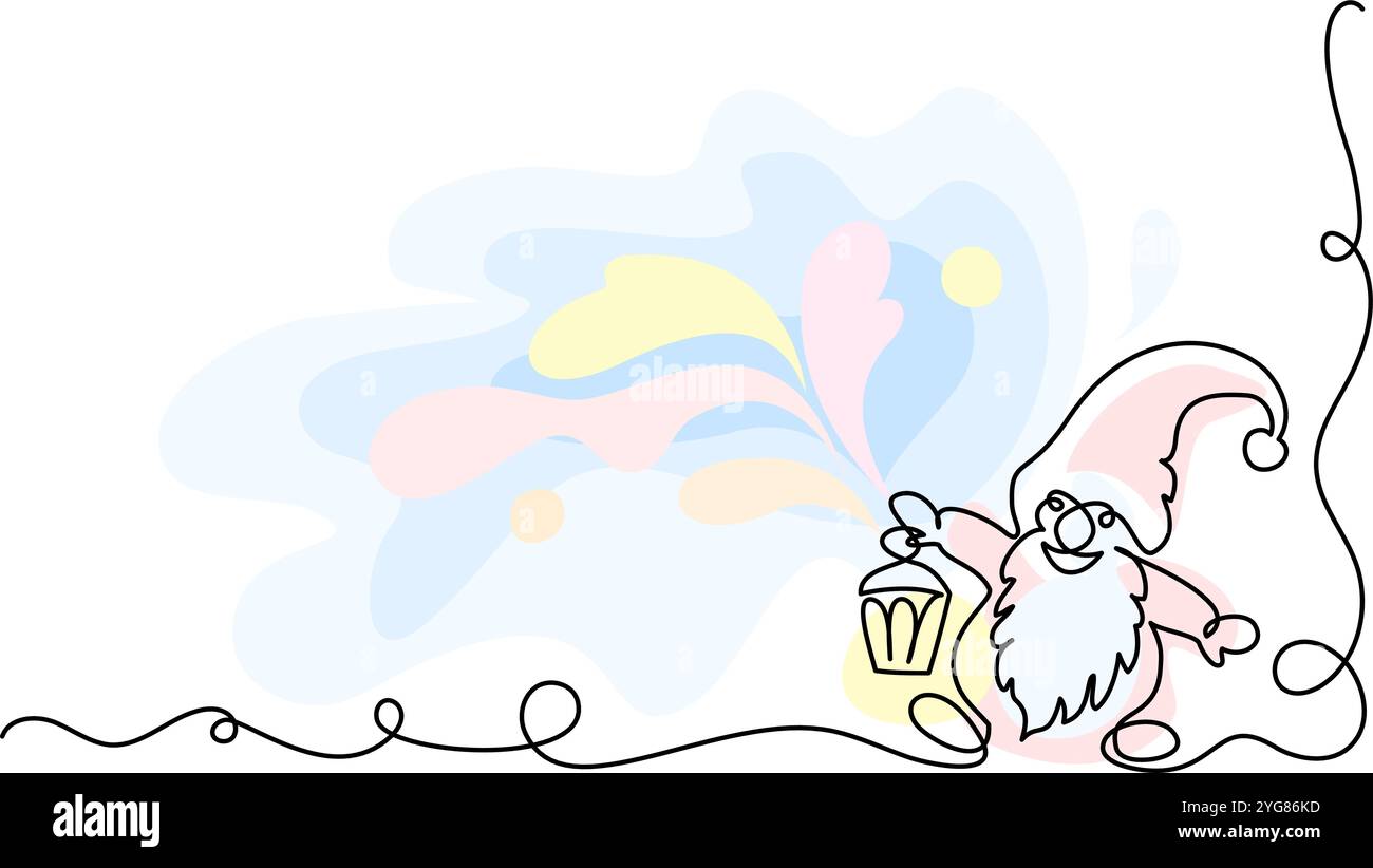 Décoration de Noël. Mignon dessin animé nain nain avec lanterne. Une ligne continue Illustration de Vecteur