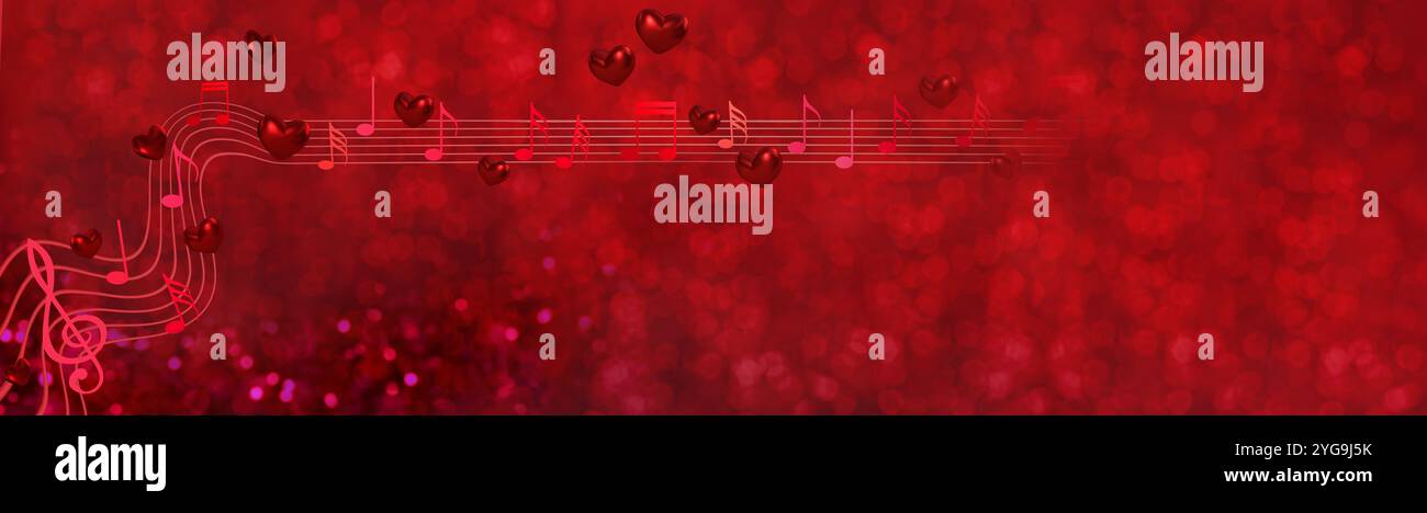 notes de musique, accords avec coeur, long panorama horizontal de belle texture rouge, rose, décoration, amour, fond d'engagement pour le design, voiture de poste Banque D'Images