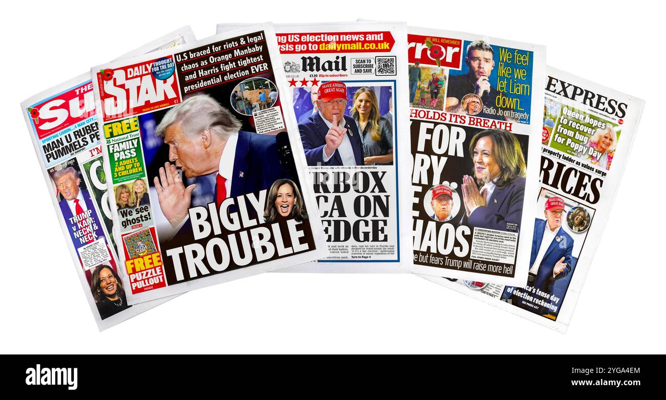 Donald Trump - les gros titres des journaux à la suite de la nouvelle de l'ancien président Donald Trump 2024 victoire des États-Unis à l'élection présidentielle contre Kamala Harris Banque D'Images