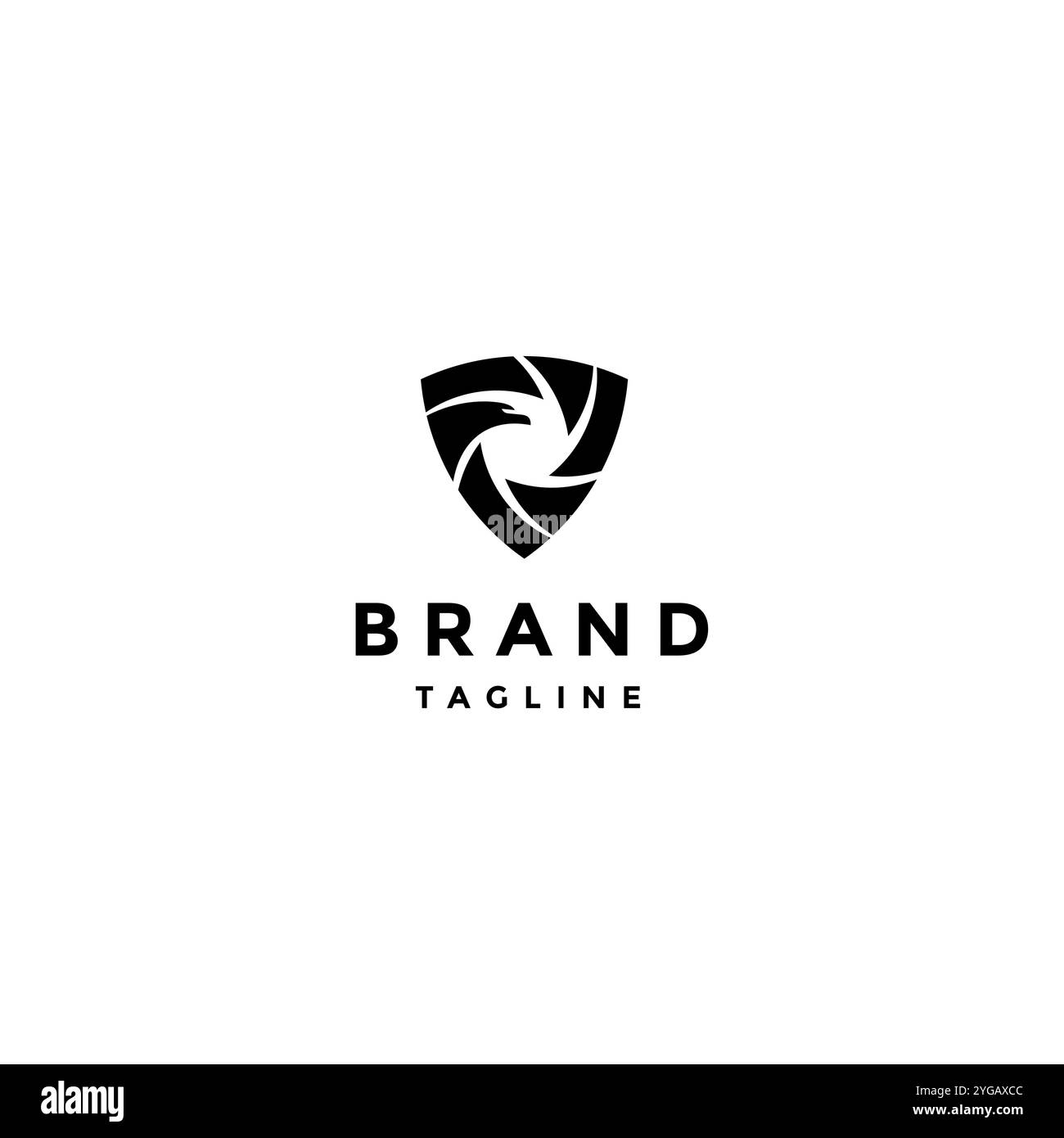 Conception du logo Shutter Guard Eagle. Icône de bouclier avec motif d'obturateur de caméra avec logo tête d'aigle. Illustration de Vecteur