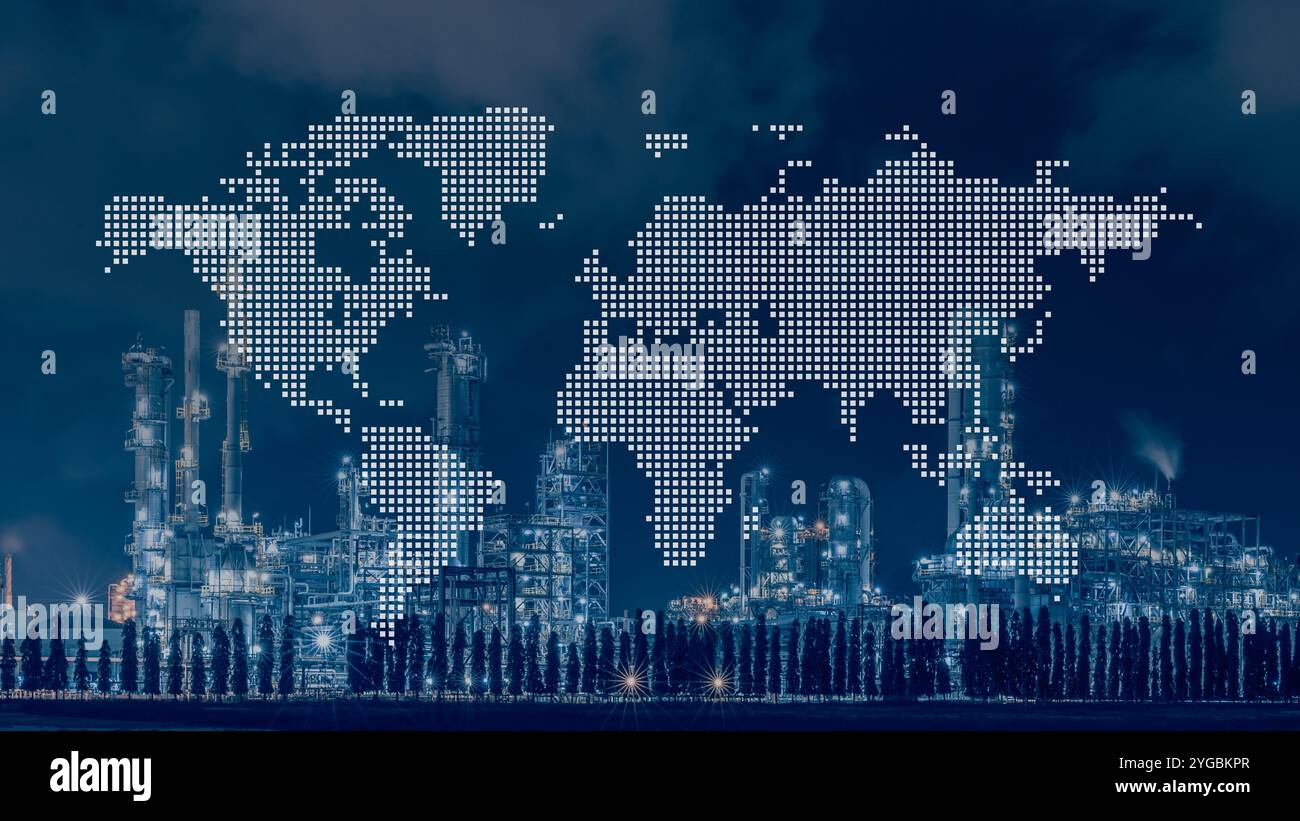 Industrie pétrolière et gazière raffinerie de pétrole avec carte mondiale pour la distribution commerciale mondiale et présentation logistique. Banque D'Images