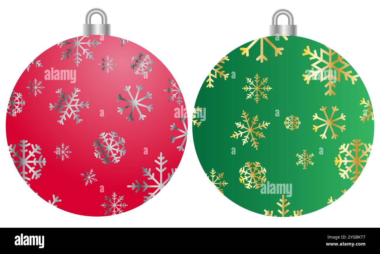 Ensemble de boules à flocon de neige vert et rouge, boules de Noël Illustration de Vecteur