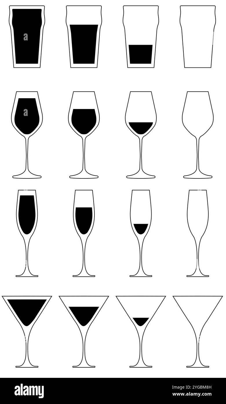 Ensemble de différents types de verres à boissons style vectoriel plat isolé sur un fond blanc Illustration de Vecteur