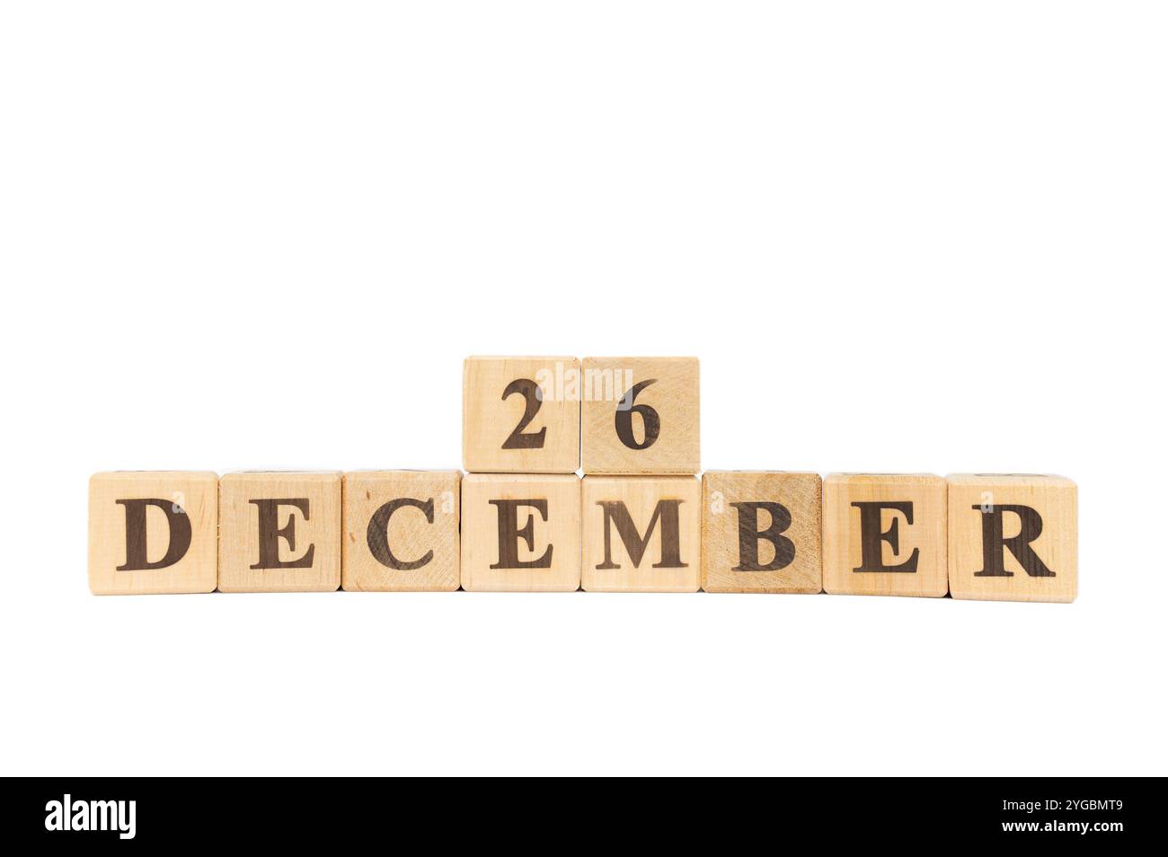 Calendrier en bois, un ensemble de dates du mois 26 décembre, sur un fond blanc et transparent gros plan. Journée nationale de la canne à sucre 20 Banque D'Images