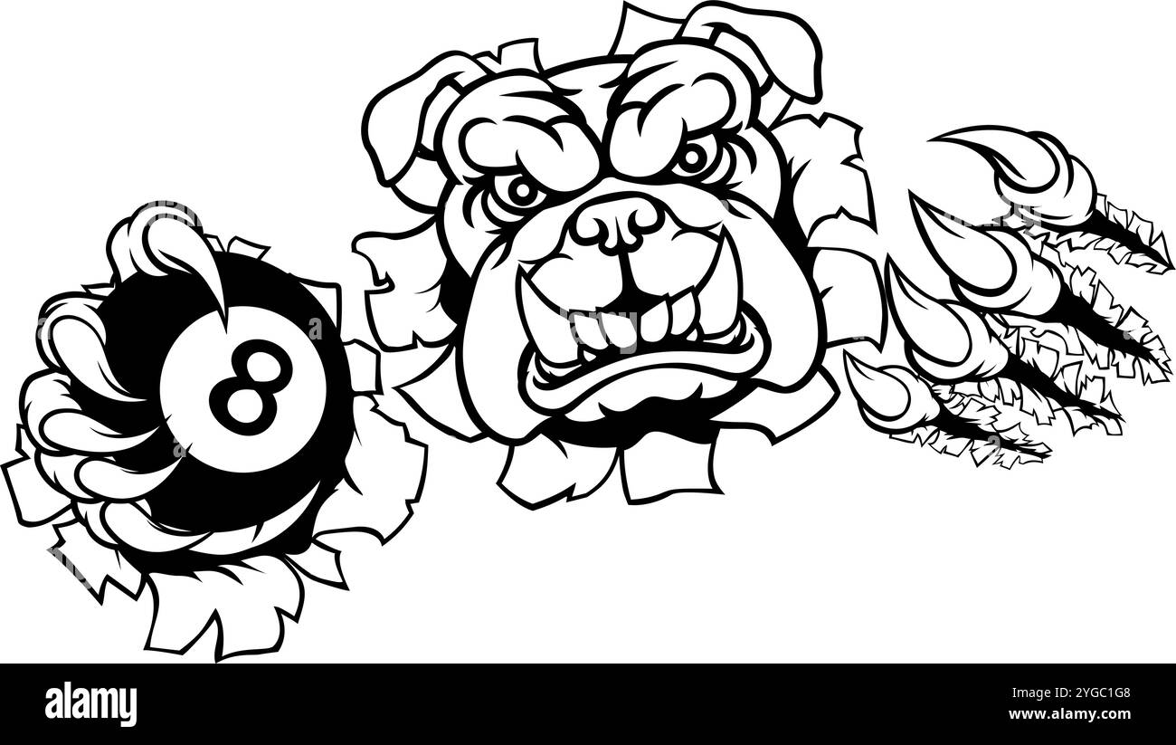 Bulldog chien Angry Pool billard mascotte dessin animé Illustration de Vecteur