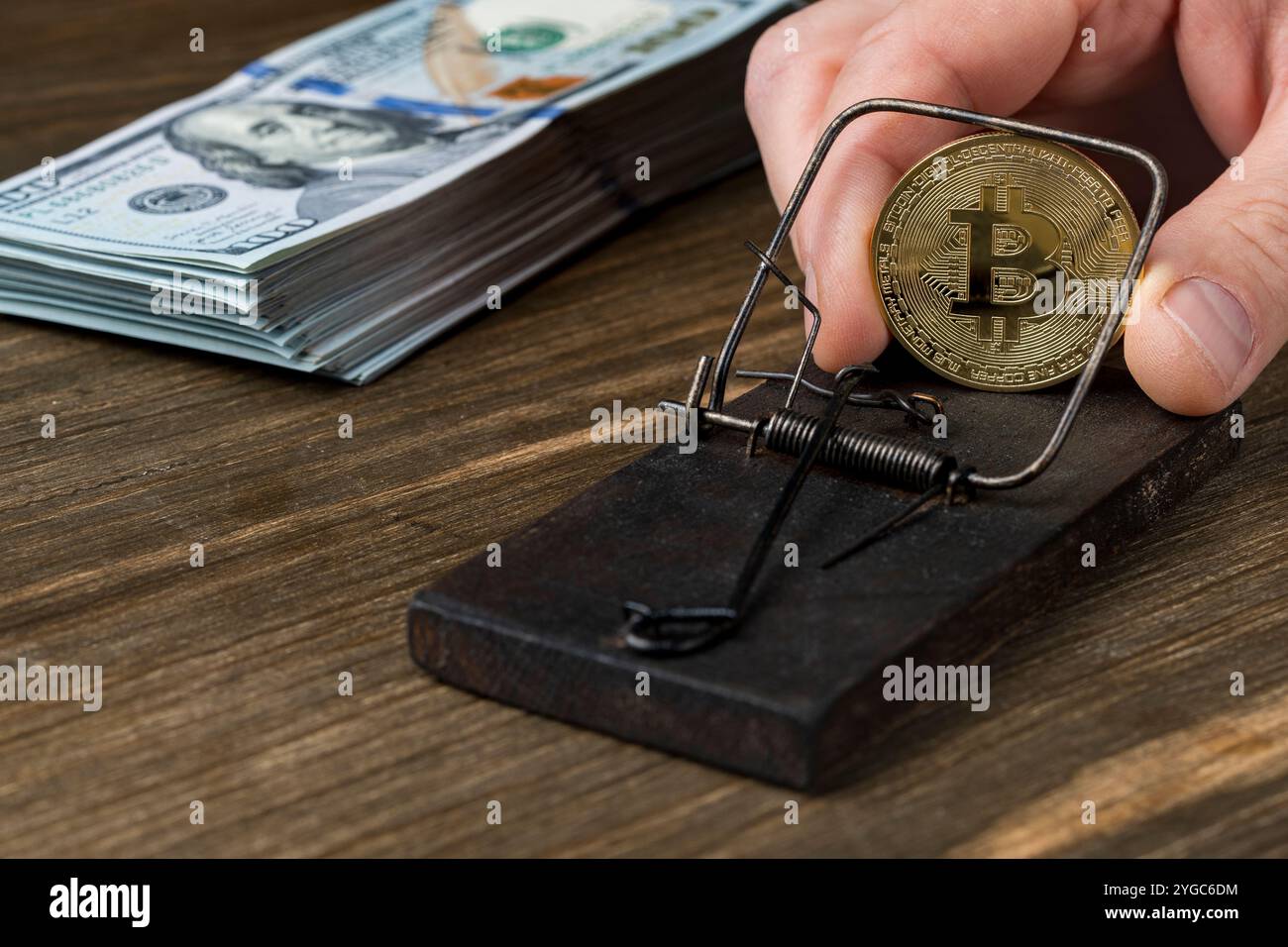 Golden crypto-monnaie pièces bitcoin dans un piège à souris en bois avec la main piégée et pile de billets de 100 dollars américains. Crypto-monnaie, arnaque ou fraude à bulle de savon Banque D'Images