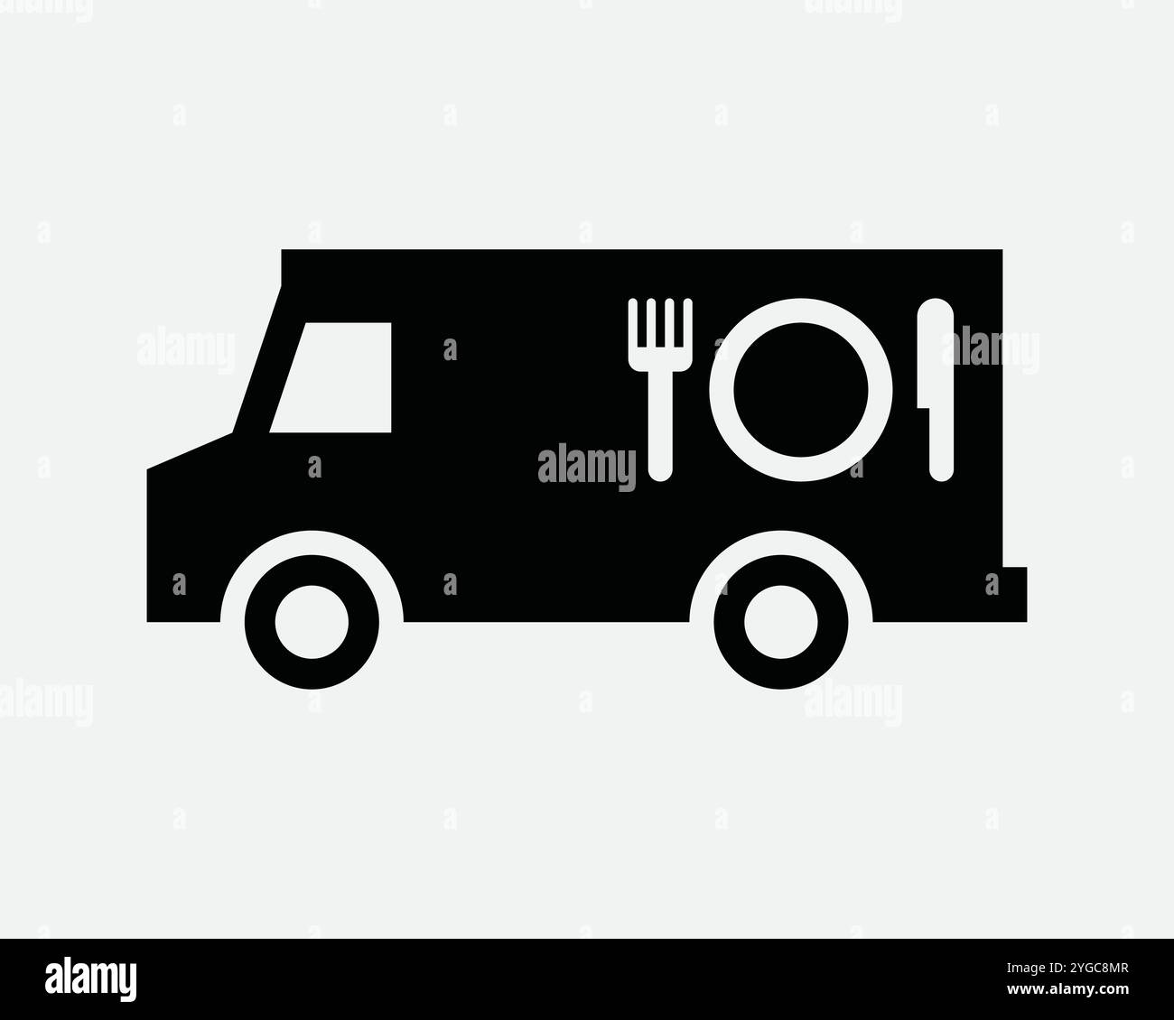 Foodtruck Food Truck Mobile Restaurant Eatery Eat Van transport livraison livraison rapide Station de service Carnival Cafe signe icône forme contour noir Whit Illustration de Vecteur