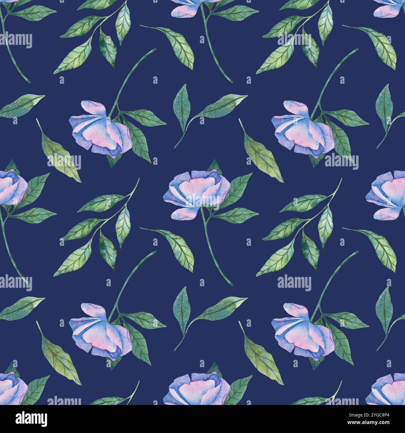 Élégant motif aquarelle sans couture avec des fleurs violettes dessinées à la main et des feuilles vertes. Parfait pour les invitations de mariage, impressions textiles, papier peint, et Banque D'Images
