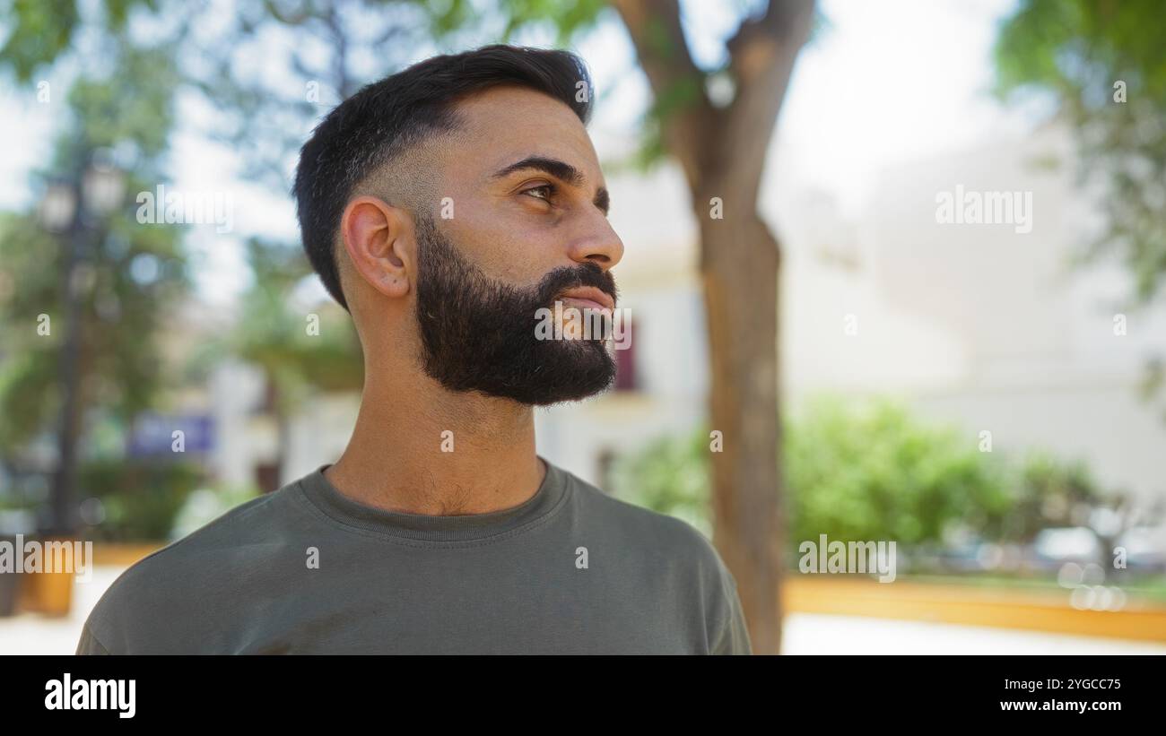 Jeune homme avec une barbe debout à l'extérieur dans un parc urbain animé par une journée ensoleillée, mettant en valeur une expression calme et réfléchie Banque D'Images