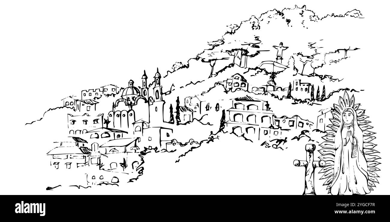 Pente de montagne d'Amérique centrale du Sud, bâtiments de la ville abrite des arbres, monument religieux statue de la Sainte Vierge. Illustration vectorielle d'encre dessinée à la main, isolée Illustration de Vecteur