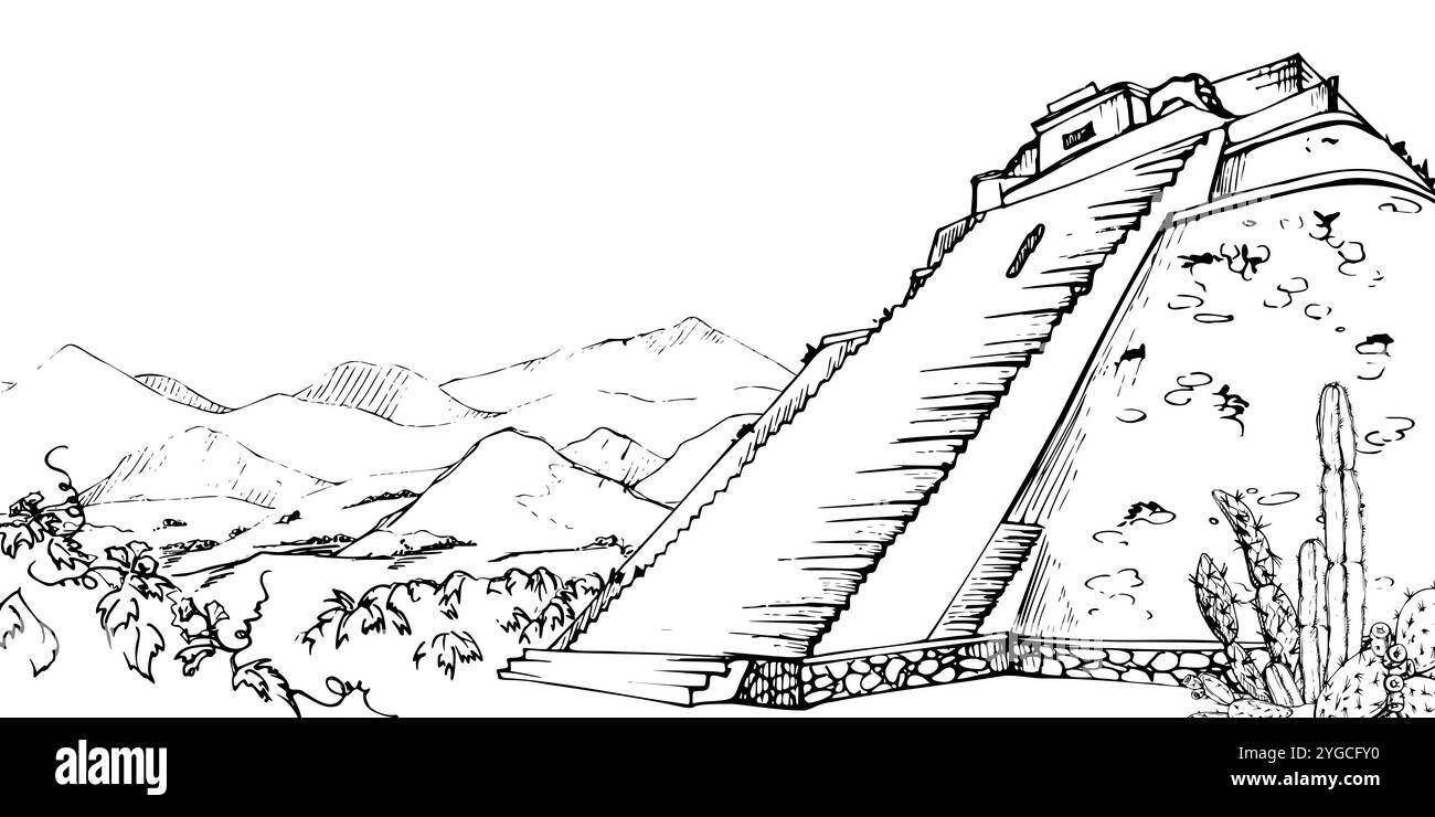 Monument antique aztèque Mésoamérique, ruines pyramidales sur terrain plat, montagnes collines en toile de fond, arbres de la jungle, paysage pittoresque isolé. Encre dessinée à la main Illustration de Vecteur