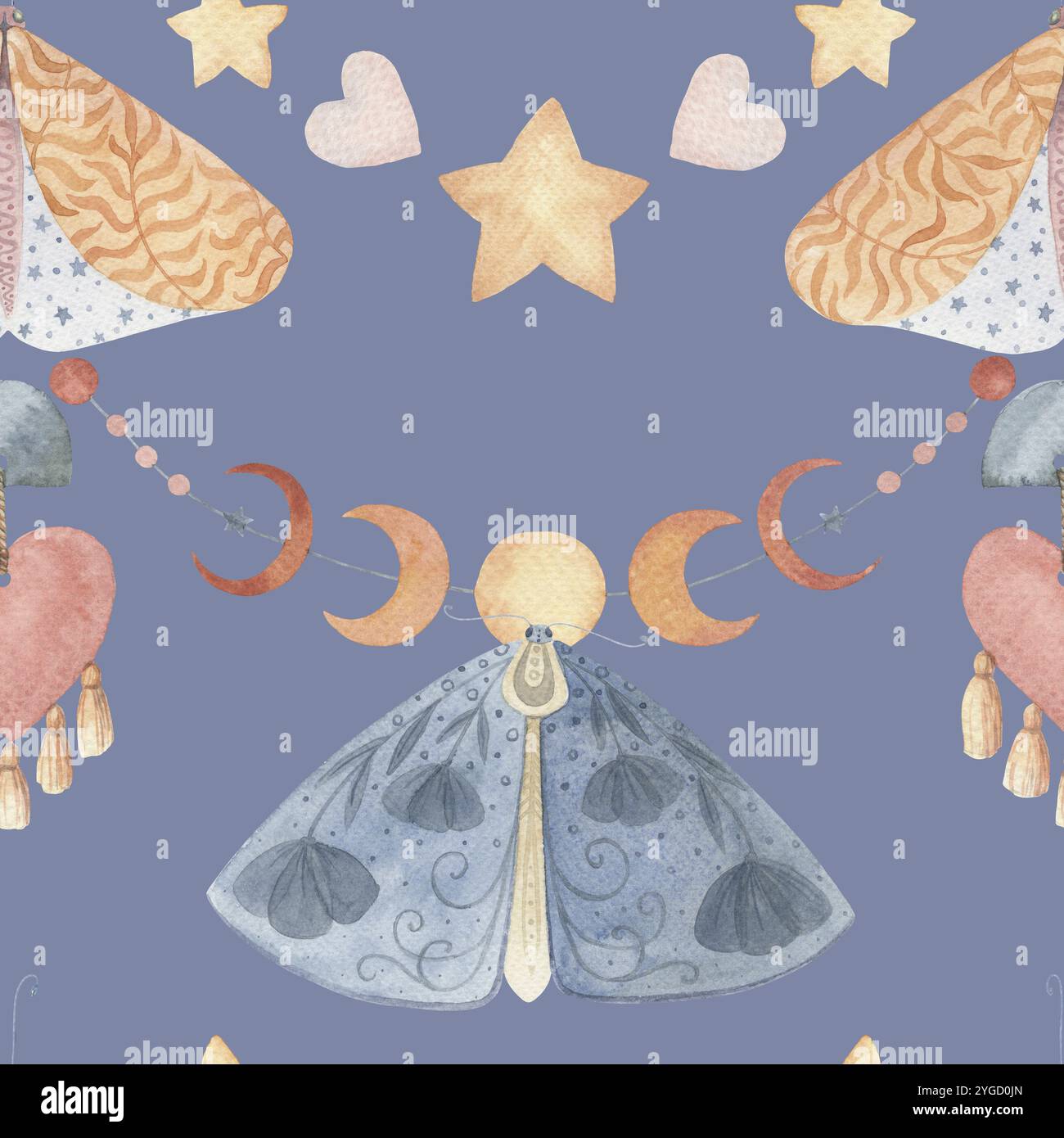 Boho Butterfly Seamless motif avec phase de lune et étoile sur le fond bleu pluie. Aquarelle dessinée à la main charmante illustration céleste en doux Banque D'Images