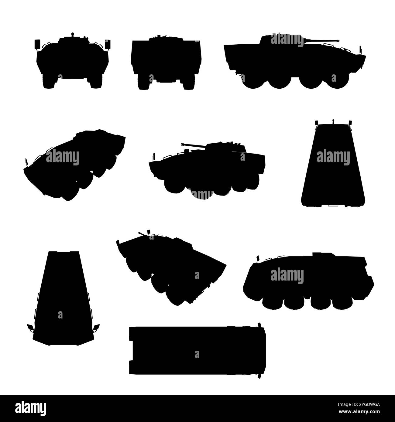 Ensemble de silhouette blindée de véhicule de transport de personnel. Icône de véhicule de combat blindé. Symbole de guerre, militaire et d'arme. Image vectorielle isolée Illustration de Vecteur