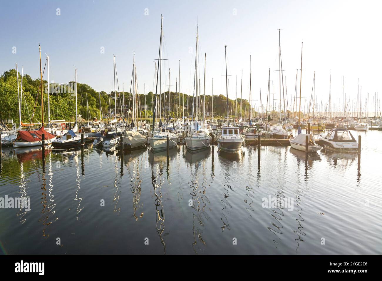 Bateaux à voile dans un port de plaisance (Fahrensodde) au coucher du soleil sur la mer Baltique dans le nord de l'Allemagne Banque D'Images