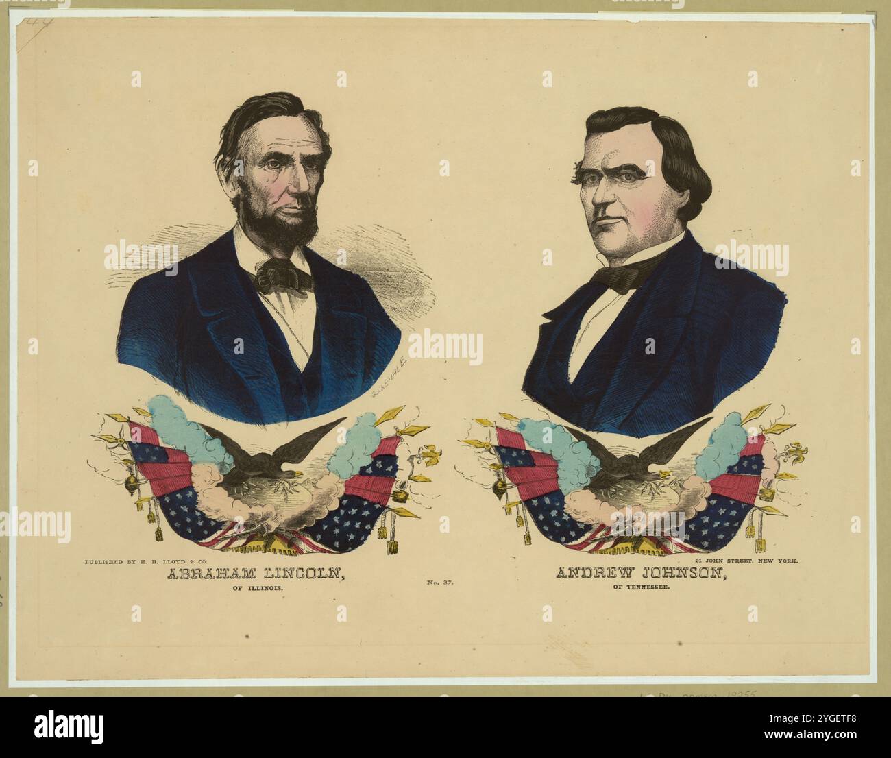 Print montre une bannière de campagne pour le ticket républicain à l'élection présidentielle de 1864. Il se compose de portraits de buste face à face d'Abraham Lincoln (à gauche) et Andrew Johnson (à droite). Sous chaque portrait se trouve une vignette emblématique identique d’un aigle tenant des éclairs et une branche d’olivier et entouré de drapeaux et de bannières. Les torches sont visibles sous l'aigle, en alternance avec les drapeaux. Banque D'Images