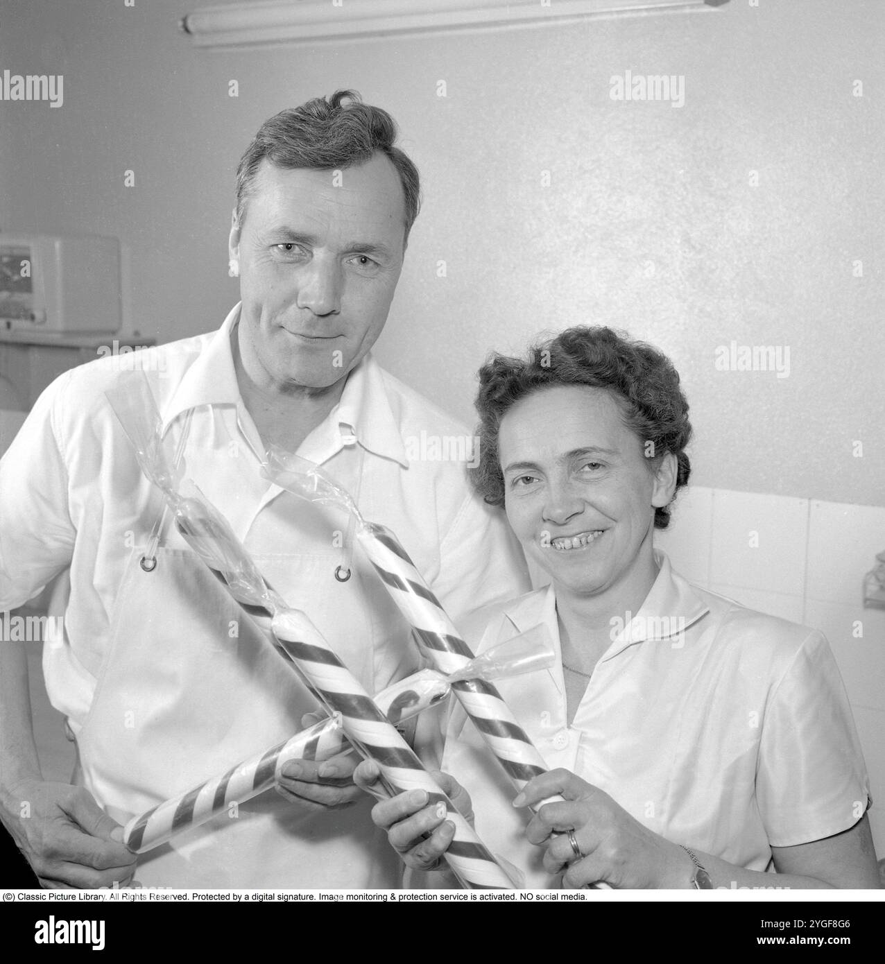 Polkagris (pluriel : polkagrisar) est un bonbon suédois inventé en 1859 par Amalia Eriksson dans la ville de Gränna, en Suède. Il reste un bonbon bien connu bien que vieux-mode en Suède, souvent vendu dans les foires, les marchés de Noël, etc. Il est encore étroitement associé à Gränna. Le bâton de bonbon traditionnel polkagris est blanc et rouge, et est aromatisé à la menthe poivrée. Le nom « polkagris » signifie littéralement « cochon à polka ». Le bonbon est fait de pâte à sucre qui est bouillie, pétrie sur une table de cuisson en marbre, tirée et tordue à la main à la bonne taille. Margita Mathias et son mari Olle ha Banque D'Images