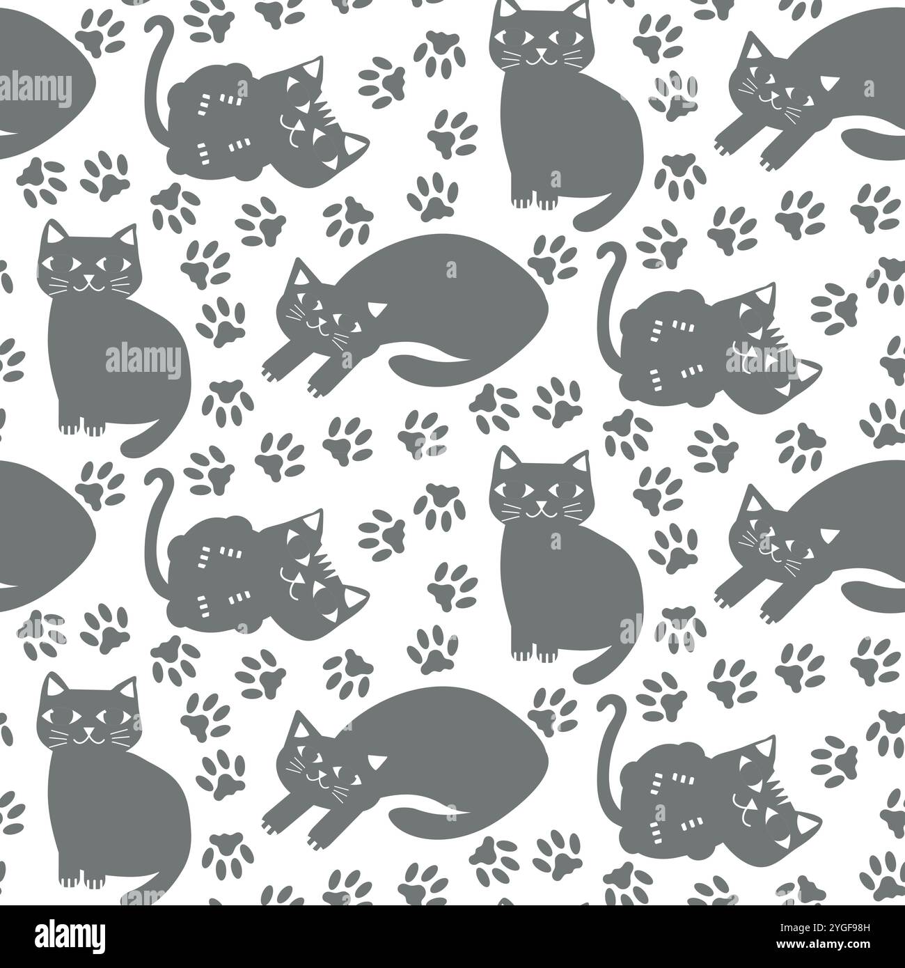 Chats et pattes gris neutre motif vectoriel sans couture fond. Toile de fond avec des silhouettes de chats assis et couchés dans une répétition de demi-goutte. Gris wh Illustration de Vecteur