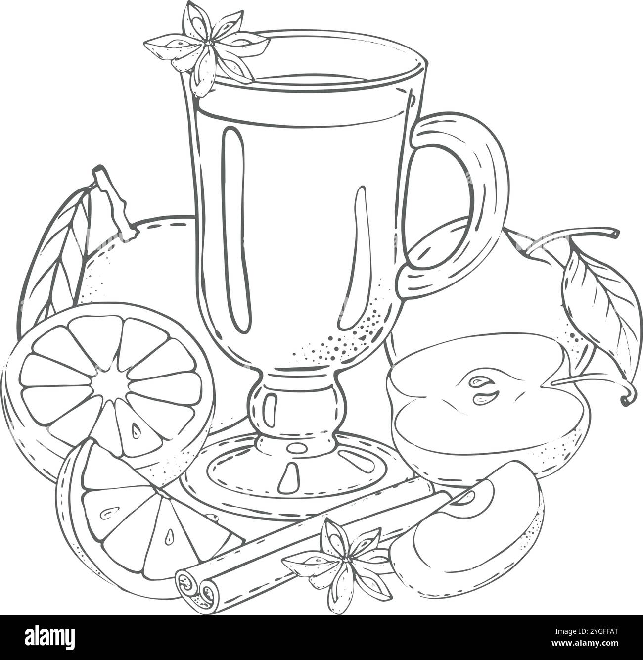 Vector vigne chaude une boisson chaude au vin avec cannelle, anis étoilé, pommes et orange. Illustration de haute qualité. Dessin aquarelle sur un fond blanc. Pour des soirées douillettes, menus de cafés, vitrines. Illustration de Vecteur