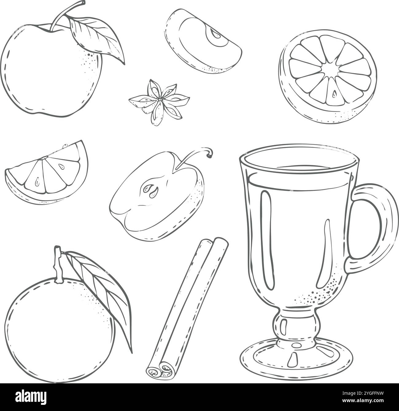 Ensemble de vecteur de vin chaud, une boisson chaude de vin avec cannelle, anis étoilé, pommes et orange. Illustration de haute qualité. dessin sur fond blanc. Pour des soirées douillettes, menus de cafés, vitrines. Illustration de Vecteur