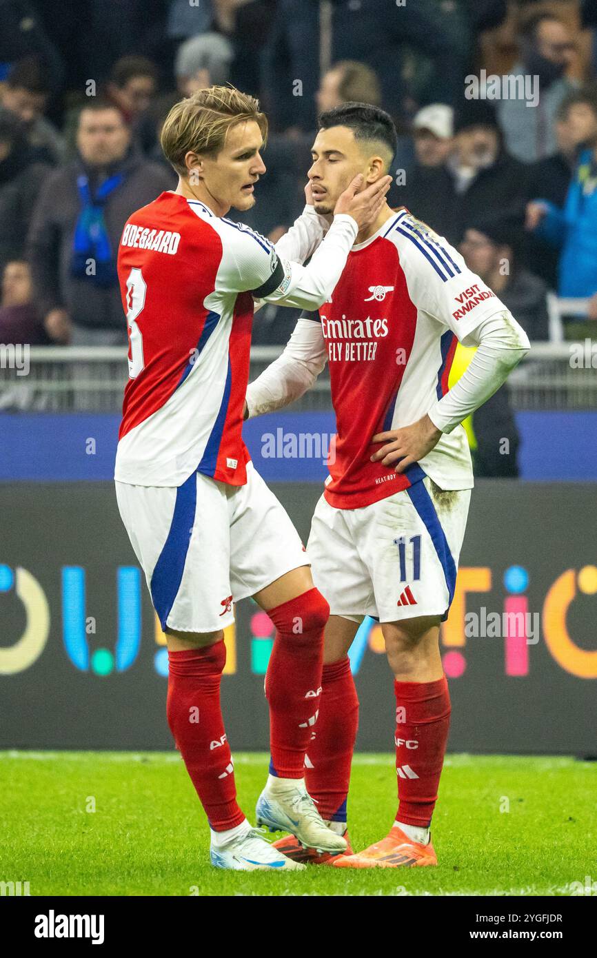 martin odegaard et gabriuel martinelli arsenal fc pendant le match champions League - Inter-Arsenal FC - Milan, Italie - 6 novembre 2024 crédit : Kines Milano/Alamy Live News Banque D'Images