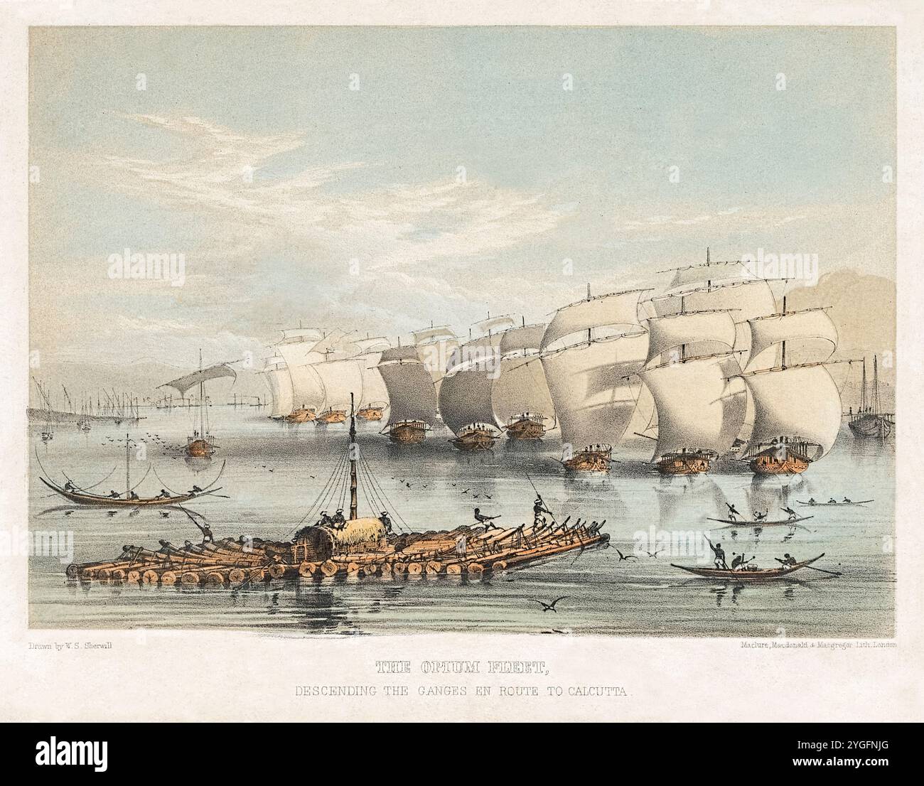 Lithographie 'The opium Fleet, Descending the Ganges en route to Calcutta' de Walter S. Sherwill (1811-1863) montrant une flotte de voiliers transportant de l'opium, notons les canoës devant battant les tambours pour annoncer que la "Compagnie Bahadur" revendique un passage dégagé. Le radeau en bois au premier plan est du bois du Népal destiné à devenir les caisses d'emballage de l'opium. Photographie d'une lithographie originale publiée en 1851 par McClure, Macdonald & MacGregor Lith., Londres. Crédit : Collection privée / AF Fotografie Banque D'Images