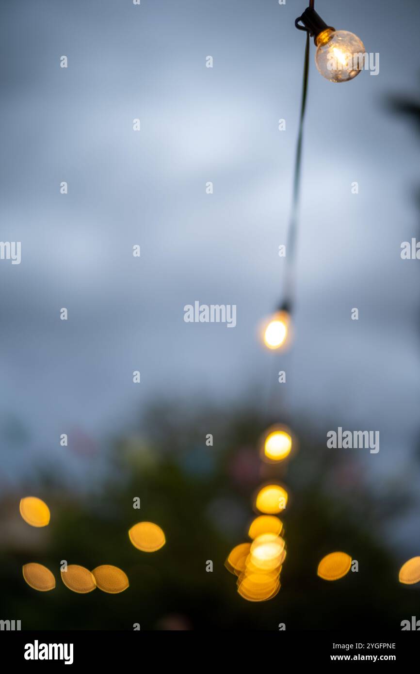 Une ambiance chaleureuse créée par des jeux de lumières brillants lors d'une fête de mariage à Malaga, en Espagne. L'éclairage enchanteur crée une atmosphère festive et romantique f Banque D'Images