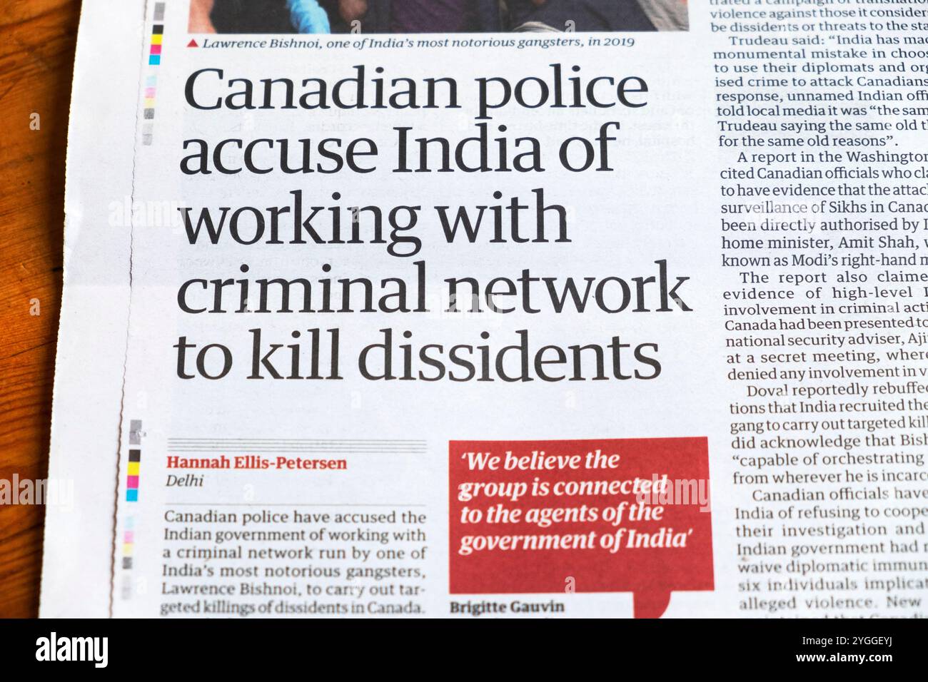 « La police canadienne accuse l'Inde de travailler avec un réseau criminel pour tuer des dissidents » titre du journal The Guardian Canada crime article 16 octobre 2024 Royaume-Uni Banque D'Images