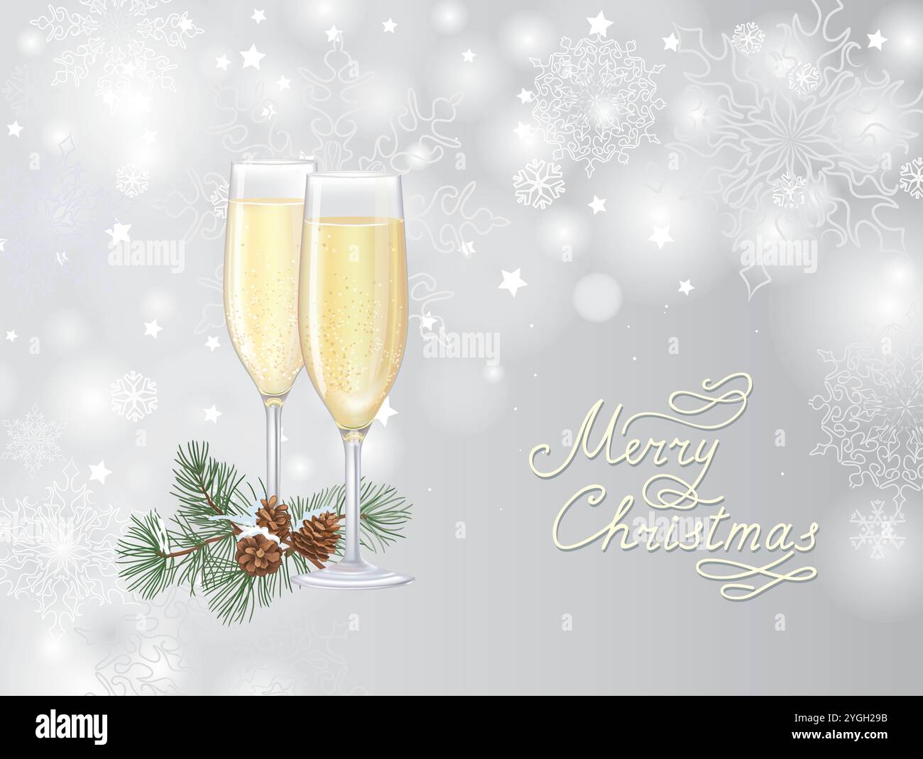 Deux flûtes remplies de champagne pétillant sur fond flou enneigé d'hiver nnoel. Carte de voeux joyeux Noël avec flocons de neige et conife Illustration de Vecteur